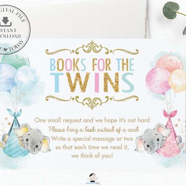 Bring a Book Instead of a Card, INSTANT DOWNLOAD, Twins Boy Girl Elephant Baby Shower Books for Twin Babies, Chic Elephant Printable, EP3