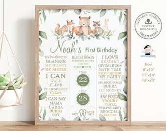 Puede incluir: Un póster imprimible de primer cumpleaños de color verde y dorado con un tema de bosque. El póster presenta un lindo oso, zorro, conejo y mapache. El póster incluye el nombre del niño, Noah, y detalles sobre su primer año, incluyendo sus estadísticas de nacimiento, cosas favoritas y lo que puede hacer. El póster es perfecto para una fiesta de primer cumpleaños.