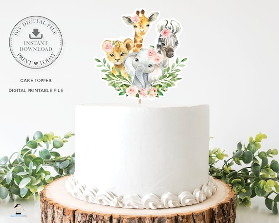 Jungle Animals Pink Floral Greenery Cake Topper, INSTANT DOWNLOAD, Elephant Giraffe Lion PRINTABLE File Pdf, Baby Shower Birthday Party, JA6 Il_570xn