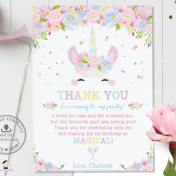 Unicorn Thank You Note Card, EDITABLE TEMPLATE, Cute Unicorn Pastel Pink Floral Rainbow First 1st Birthday Party, Pdf INSTANT Download, UB7