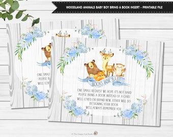 Woodland Animals Baby Shower Bring a Book Insert Instead of a Card, Baby Boy, Rustic, Floral, Shabby Chic, Book Request, Wood, Cute, Blue