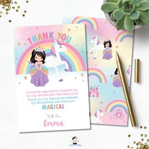 Princess and Unicorn Birthday Party Thank You, EDITABLE TEMPLATE, Cute Black Hair Princess Rainbow Unicorn Printable, INSTANT Download, PU1 image 2