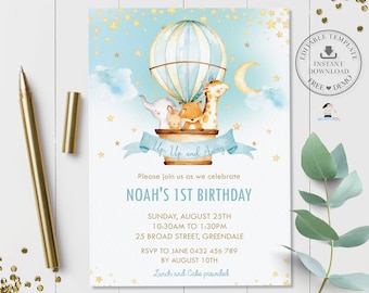 Hot Air Balloon Invitation, EDITABLE TEMPLATE, Boy Cute Jungle Animals 1st Birthday Baptism Invitation Printable Pdf, INSTANT Download, HB5