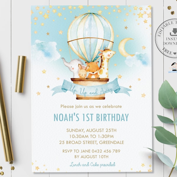 Hot Air Balloon Invitation, EDITABLE TEMPLATE, Boy Cute Jungle Animals 1st Birthday Baptism Invitation Printable Pdf, INSTANT Download, HB5