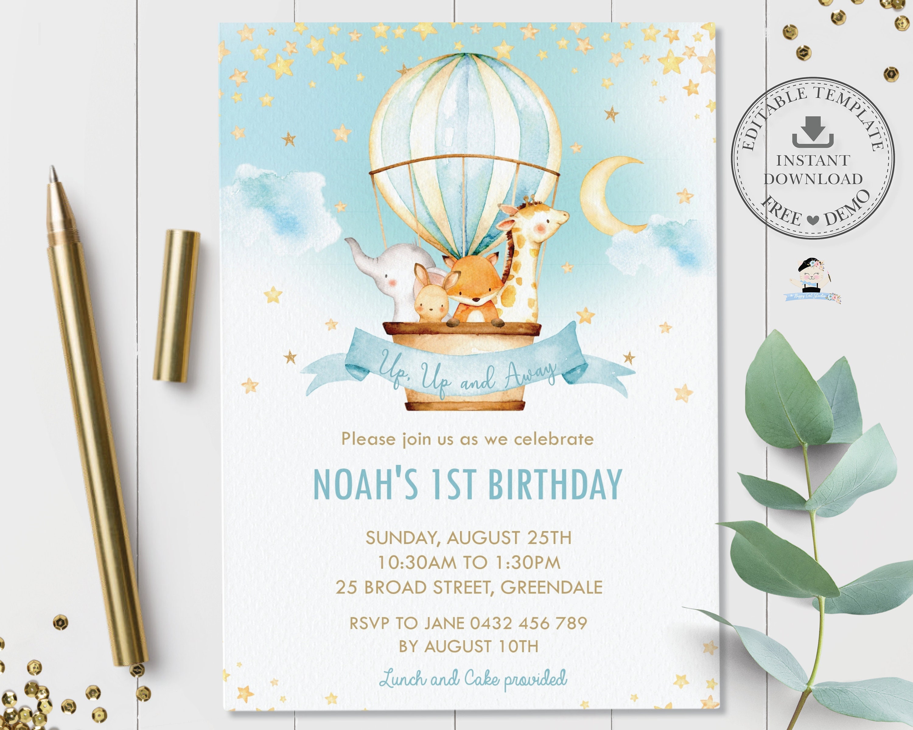 Hot Air Balloon Invitation, EDITABLE TEMPLATE, Boy Cute Jungle Animals ...