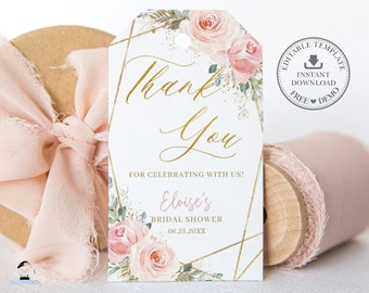 May include: A white thank you tag with gold geometric shapes and floral illustrations. The text reads "Thank You" in gold script, "For celebrating with us!" and "Eloise's Bridal Shower 06.25.20XX".