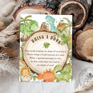 Apportez une carte de livre imprimable, TÉLÉCHARGEMENT INSTANTANÉ, Dinosaures colorés mignons et sympathiques T-Rex Jurassic 1er anniversaire, Livres de baby shower pour bébé, DS1