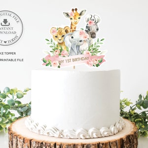 Jungle Animals Pink Floral Greenery Cake Topper, INSTANT DOWNLOAD, Elephant Giraffe Lion PRINTABLE File Pdf, 1st First Birthday Party, JA6