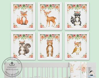 Woodland Animals Nursery Wall Art, Cute Animals Printable, Floral Tribal, Baby Girl, Whimsical Decor, Kids Bedroom, Pdf INSTANT DOWNLOAD WG5
