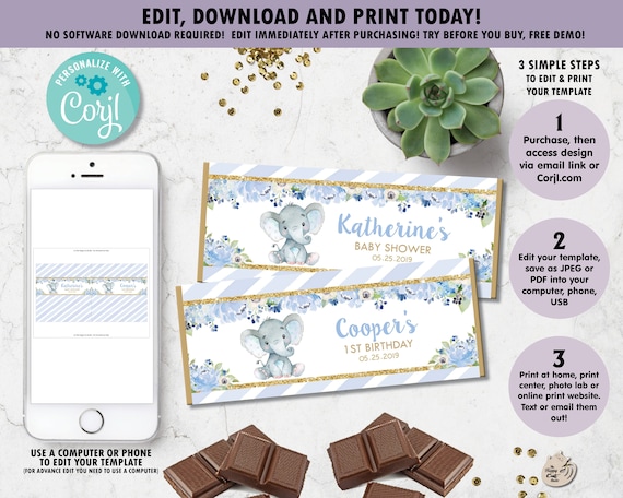 EDITABLE Template, Elephant Chocolate Bar Wrappers, Hershey Chocolate Favor, Aldi Wrappers, Elephant Printable, Baby Shower, Birthday, EP6 Il_570xn