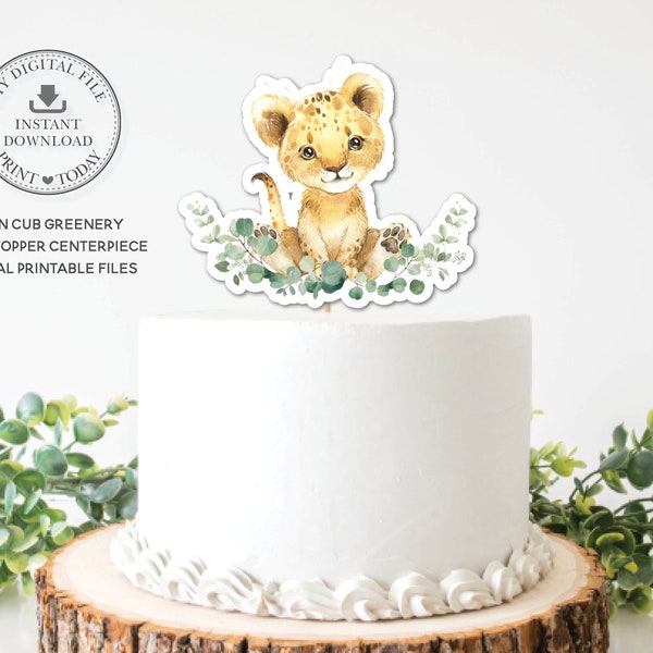 Lion Cub Greenery Cake Topper Centerpiece, INSTANT DOWNLOAD, Sweet Lion Jungle PRINTABLE File Pdf, Boy Baby Shower 1st Birthday Party, LN3