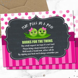 Petits pois dans une cosse Apportez un livre Baby Shower Insert, Jumeaux, Livre au lieu d'une carte, Demande de livre, Bébés filles, Rose, Mignon, Téléchargement instantané PB2