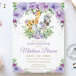 May include: Purple floral baby shower invitation with a wreath of flowers and a giraffe, zebra, lion, and elephant. The text reads "Please join us for a baby shower honoring Madison Brown August 25 Sunday at four o'clock in the afternoon 189 Eucalyptus Avenue, Pymble RSVP by July 31st to Jess 568-8969-4897 Registered at Walmart and Amazon".