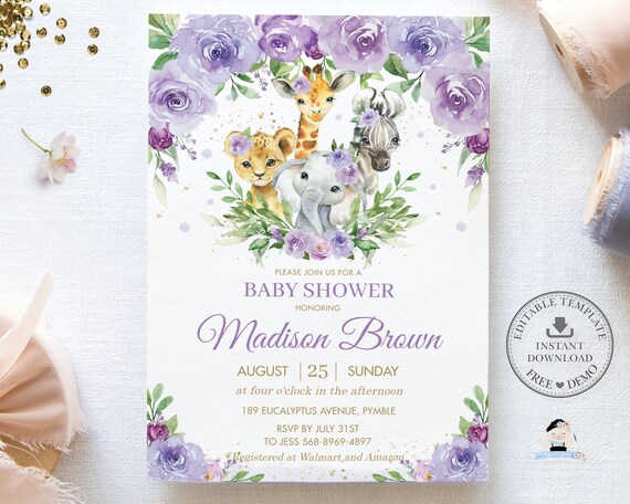 Jungle Animals Purple Floral Greenery Invitation, EDITABLE TEMPLATE, Instant Download, Elephant Giraffe Lion Zebra Baby Shower Invite, JA8 Il_570xn