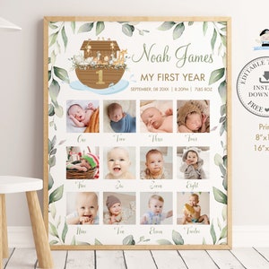 May include: A printable first year baby milestone chart with a green leafy border. The chart features a cartoon ark with a number one on it. There are 12 photo spaces for each month of the baby's first year. The text reads "Noah James My First Year September, 08 2000X | 8.20PM | 7LBS 8OZ".