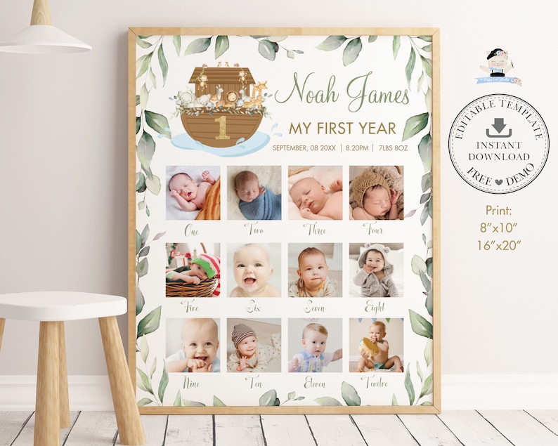 May include: A printable first year baby milestone chart with a green leafy border. The chart features a cartoon ark with a number one on it. There are 12 photo spaces for each month of the baby's first year. The text reads "Noah James My First Year September, 08 2000X | 8.20PM | 7LBS 8OZ".