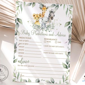 Carte de prédictions et de conseils pour bébé, TÉLÉCHARGEMENT IMMÉDIAT, verdure, animaux de la jungle mignons Safari jeu de douche de bébé activités fichiers imprimables, JA4