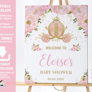 Rosa Blumen Prinzessin Kutsche Willkommensschild druckbare EDITIERBARE VORLAGE, schicke Blumen Mädchen Baby Shower Sprinkle 1. Geburtstag DIY Instant, PU2