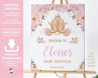 Könnte beinhalten: Druckbare Babyparty-Schildvorlage mit einer rosafarbenen und goldenen Kutsche mit floralen Akzenten. Das Schild lautet "Willkommen zur Babyparty von Eloise" und enthält das Datum "08.09.20XX". Das Schild ist in den Größen 23x30, 30x41, 38x51 und 46x61 cm erhältlich.