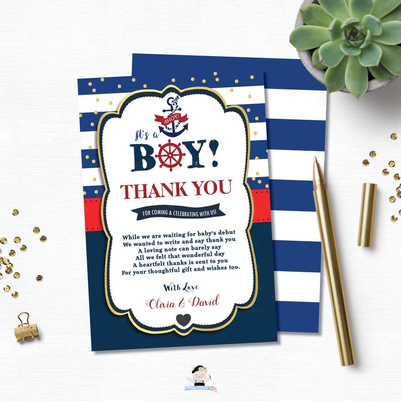 Nautical Baby Shower Thank You Card, EDITABLE TEMPLATE, Ahoy It's a Boy Thank You Note, Sailor, Nautical Printable, Instant Download, NT1 image 2