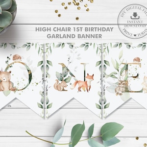 Greenery Woodland Animals 1st Birthday High Chair Banner, ONE First Garland Bunting Decor Sign, Forest Printable Pdf, INSTANT DOWNLOAD, WG12