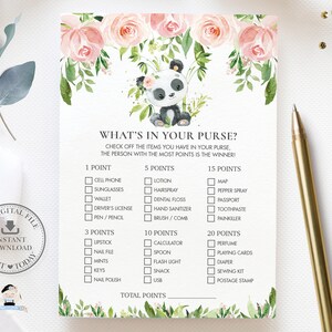 What's in Your Purse Game, INSTANT DOWNLOAD, Cute Panda Bear Pink Floral Greenery Baby Shower Bag Quiz Card Activity, Diy PDF Printable, PA2