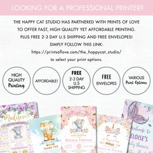 May include: Four different printable baby shower invitations featuring a pink and purple color scheme. The invitations feature a hot air balloon, a unicorn, an elephant, and a mermaid. The text on the invitations includes the names "Madison", "Adriana Coleman", "Eloise's", and "A Magical Day".