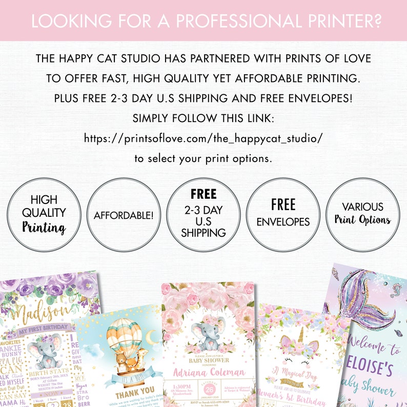 May include: Four different printable baby shower invitations featuring a pink and purple color scheme. The invitations feature a hot air balloon, a unicorn, an elephant, and a mermaid. The text on the invitations includes the names "Madison", "Adriana Coleman", "Eloise's", and "A Magical Day".