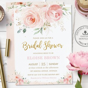 May include: Pink and gold bridal shower invitation with floral design. The invitation reads "Please join us for a Bridal Shower honoring bride-to-be Eloise Brown, August 25, Sunday at four o'clock in the afternoon, 189 Mimosa Avenue, Avonlea. RSVP by July 31st to Jess 568-8969-4897. Registered at Williams Sonoma."