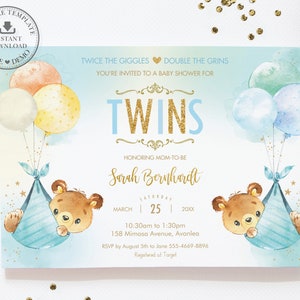 Twins Baby Bears Baby Shower Invitation, INSTANT Download, Whimsical Cute Teddy Bear Twin Boys Blue Balloons, Diy Pdf EDITABLE TEMPLATE, TB5