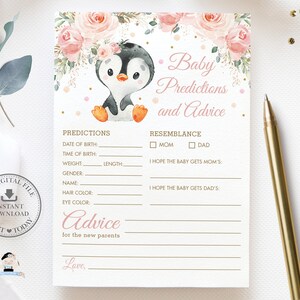 Carte de prédictions et de conseils pour bébé imprimable, TÉLÉCHARGEMENT IMMÉDIAT, activité de jeu d'animaux de l'Antarctique pour baby shower, floral rose poudré, pingouin mignon PN1