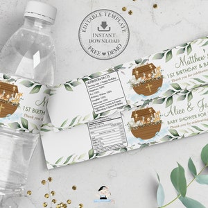 Arche Noah Wasserflaschenetiketten, EDITIERBARE VORLAGE, Grüne süße Tiere Aufkleber Wrapper Gefälligkeiten druckbar, Baby Shower Geburtstag Taufe, NA1
