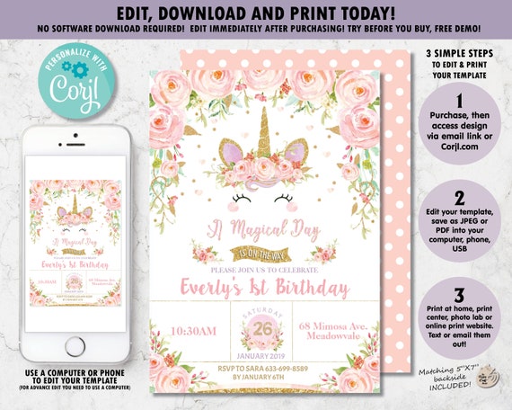 EDITABLE TEMPLATE Unicorn Invitation, Unicorn 1st Birthday Invite, Watercolor Coral Floral, Glitter Gold, Pastel, Unicorn Printable, UB1 Il_570xn
