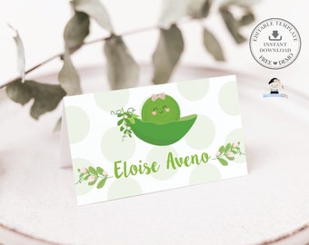 EDITABLE TEMPLATE, Little Sweet Pea in a Pod Pink Place Card, Girl Baby Shower Tent Folded Guest Name Table Cards Printable Digital File SP1
