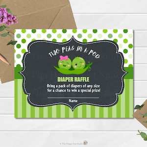 May include: A green and white polka dot and striped card with a chalkboard background. The card says "Two Peas in a Pod" and "Diaper Raffle". Bring a pack of diapers of any size for a chance to win a special prize! Name.