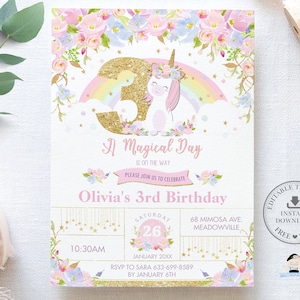 Unicorn 3rd Birthday Invitation EDITABLE TEMPLATE, Cute Unicorn Pink Floral Gold Glitter Third Three 3 Party Invite INSTANT Download, UB3