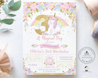 Unicorn 3rd Birthday Invitation EDITABLE TEMPLATE, Cute Unicorn Pink Floral Gold Glitter Third Three Party Invite Pdf, INSTANT Download, UB3