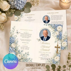May include: A funeral program template featuring blue hydrangea and white rose floral borders, a circular portrait of Thomas Edward Bennett, and gold text. The design includes sections for order of service, a biography, and a thank you note.