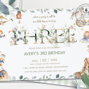 Nursery Rhyme 3rd Birthday Invitation, EDITABLE TEMPLATE, Chic Gender Neutral Boy Girl Storybook Invite Printable Pdf, Hey Diddle Diddle NR1