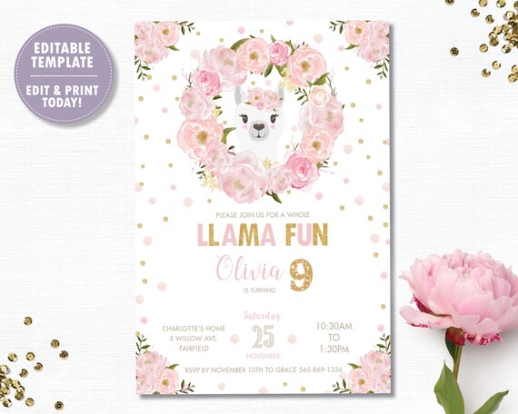 Llama Invitation, EDITABLE TEMPLATE, Llama 1st Birthday Party Invitation Printable, Fiesta, Instant Download, Blush Pink Floral Gold, LM1 Il_570xn