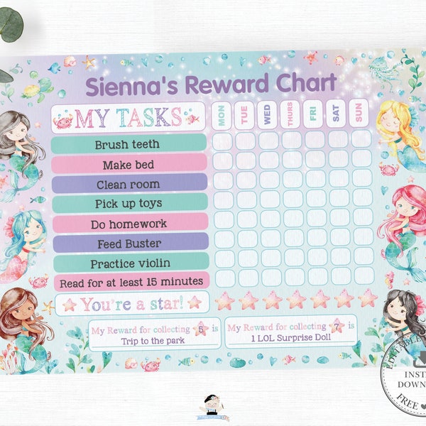 Mermaid Reward Chart, EDITABLE TEMPLATE, Chore, Potty Training, Behavior, Kids Activity, Under the Sea Printable, Pdf INSTANT Download, WM1