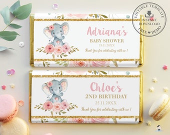 Elephant Chocolate Bar Labels Printable, EDITABLE TEMPLATE, Blush Floral Candy Wrapper, Baby Shower Birthday Favors Aldi Hershey INSTANT PK2