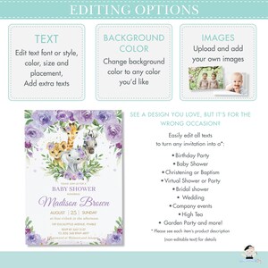 May include: Purple and green floral baby shower invitation with a giraffe, lion, elephant, and zebra illustration. The invitation says "Please join us for a baby shower honoring Madison Brown, August 25, Sunday at four o'clock in the afternoon, 189 Eucalyptus Avenue, Pymble, RSVP by July 31st to Jess 568-6969-497, Registered at Walmart and Amazon."