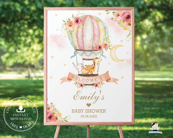 Hot Air Balloon Welcome Sign, EDITABLE TEMPLATE, Woodland Jungle Animals Pink Floral Baby Shower Printable, INSTANT Download, Pdf Diy HB7 Il_570xn