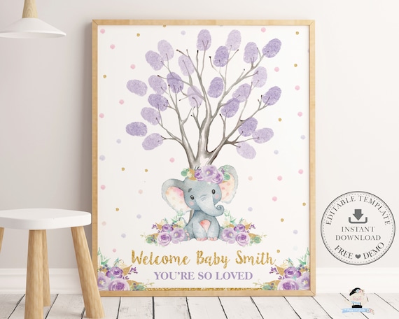 Elephant Fingerprint Guestbook Sign, EDITABLE TEMPLATE, Thumbprint Tree Alternative Guest Book, Purple Floral Jungle Printable, INSTANT, EP9 Il_570xn