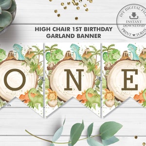 Cute Dinosaurs 1st Birthday High Chair Banner, One Garland Bunting Decor Sign, Friendly Colorful Dinos Printable Pdf, INSTANT DOWNLOAD, DS1