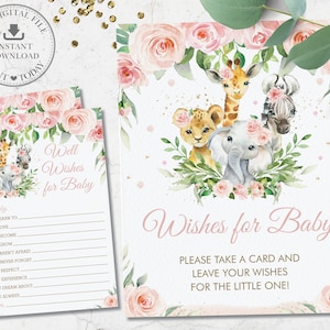 Dschungel-Tiere Wünsche für Baby Karte und Schild, schickes rosa Blumengrün Safari-Babyparty-Aktivität druckbar, DIY Pdf SOFORT-DOWNLOAD, JA6