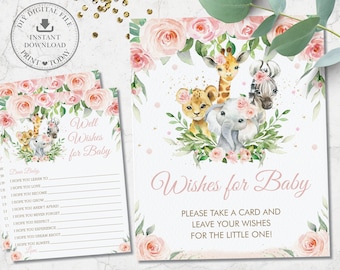 Jungle Animals Wishes for Baby Card and Sign, Chic Pink Floral Greenery Safari Baby Shower Activity Printable, Diy Pdf INSTANT DOWNLOAD, JA6