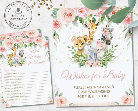 Jungle Animals Wishes for Baby Card and Sign, Chic Pink Floral Greenery Safari Baby Shower Activity Printable, Diy Pdf INSTANT DOWNLOAD, JA6 Il_570xn