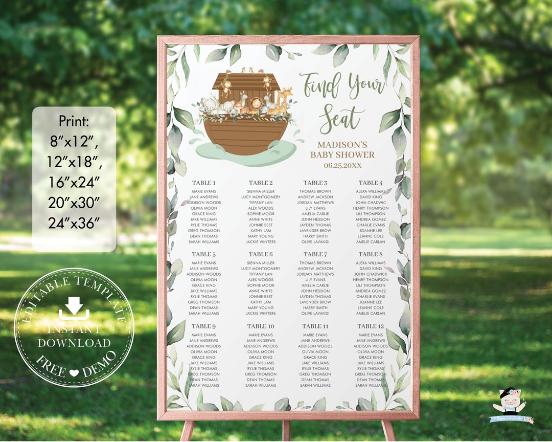 Noah's Ark Seating Chart Sign, EDITABLE TEMPLATE, Chic Greenery Noahs